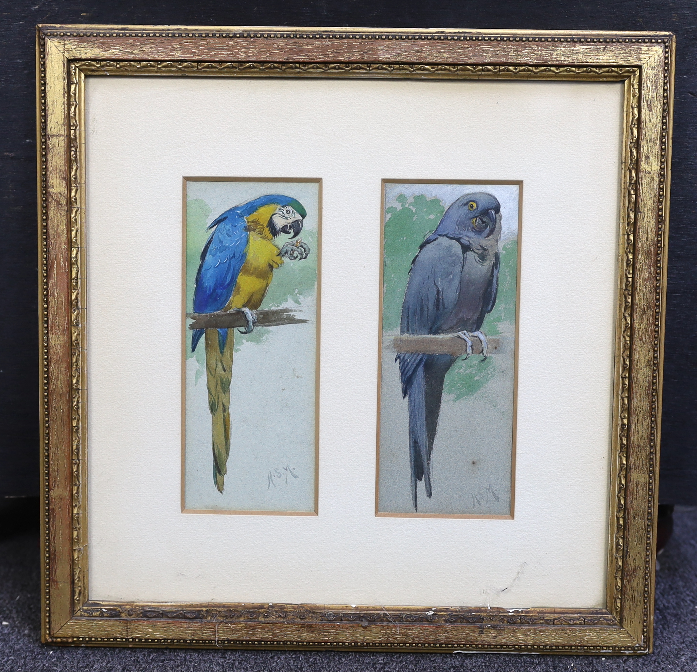 Henry Stacy Marks R.A., (British, 1829-1898), Blue and Yellow Macaw and Hyacinth Macaw, watercolour (2), each 17.5 x 7cm
